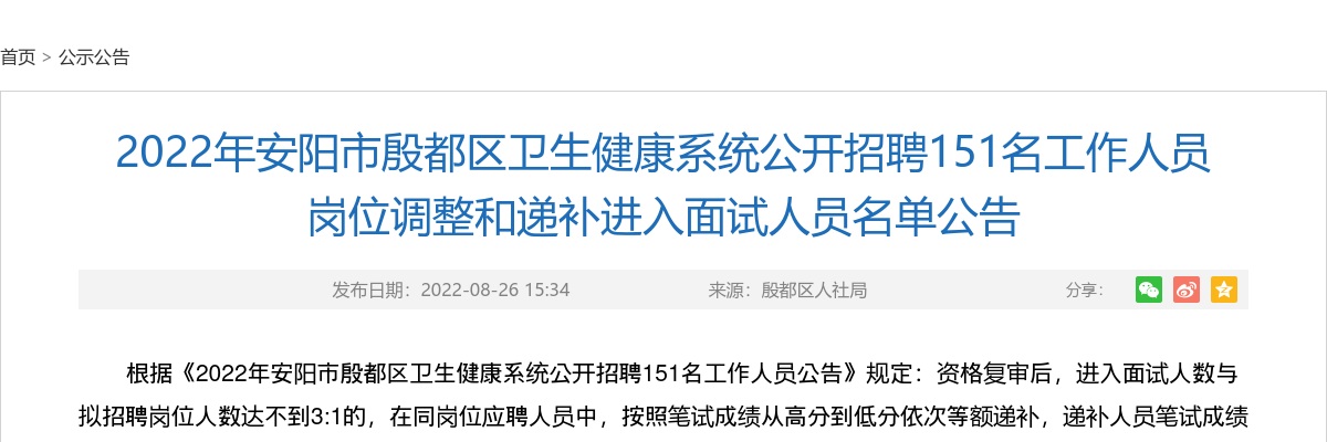 2022年安阳市殷都区卫生健康系统招聘岗位调整和递补进入面试人员名单公告 图片